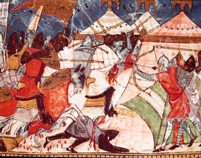 Trojská válka: Trojské koně napadají vojenský tábor řeckých válečníků. Detail miniatury ze španělského rukopisu „Codex Benito de Santa Mora““ od Spanish School