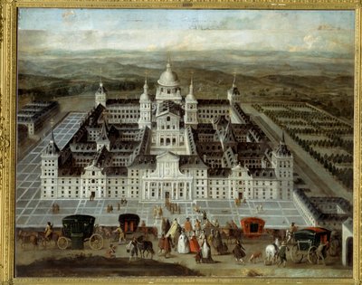 Pohled na palác Escorial ve Španělsku postavený Filipem II v 16. století. Anonymní španělské malířství 17. století. Olej na plátně. Rozměr: 1,89 x 2,41 m. od Spanish School