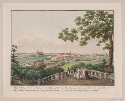 Pohled na Helsingør, Kronborg a Øresund mezi pobřežím Zélandu a Scanie. Nápis na terase v závěsu v Marienlystu od Søren L. Lange