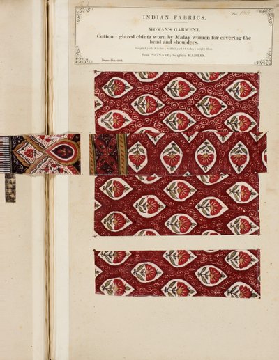 Vzorek bavlněného glazovaného chintzu z Poonary, zakoupený v Madrásu, ze sbírky The Collection of the Textile Manufacturers of India od Johna Forbese Watsona, vydané v roce 1866. od Sri Lankan School