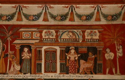 Nástěnná malba zobrazující singhálský dům v chrámu Subdharama, Dehiwala (nástěnná malba) od Sri Lankan School