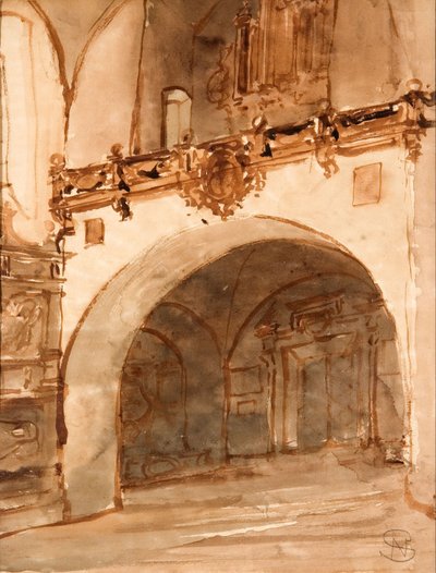 Interiér kostela. Pohled na verandu a hudební sbor od Stanisław Noakowski