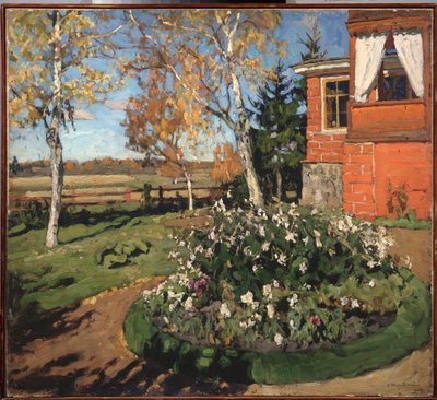 Květinový záhon. (Před domem a venkovskou krajinou). Obraz Stanislava Yulianoviče Žukovského (1873-1944), olej na plátně od Stanislav Joulianovitch Joukovski