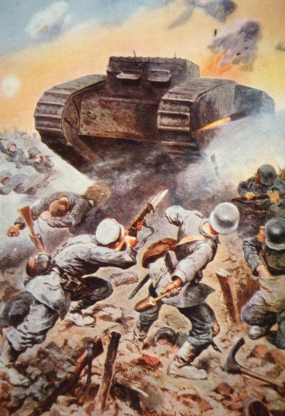 Britský tank v akci proti Němcům na západní frontě v první světové válce od Stanley L. (after) Wood