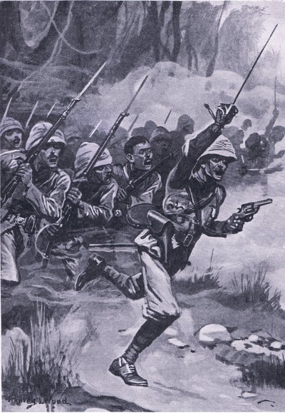 Britové útočí na Ashantis u Amoaful, 31. ledna 1874, ilustrace z britských bitev na souši a na moři, 1915 od Stanley L. Wood