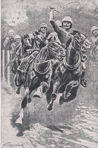 Poručík Maclaine zvedá zbraně na Maiwand, 17. července 1880, ilustrace z britských bitev na souši a na moři, 1915 od Stanley L. Wood