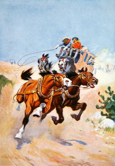 Dostavník pronásledovaný Indiány (barva litho) od Stanley L. Wood