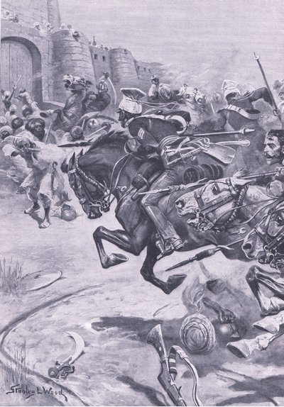 16th Lancers and Skinners Horse, který hnal Jaty do Bharatpuru; Prosinec 1825, ilustrace z britských bitev na souši a moři, 1915 od Stanley L. Wood