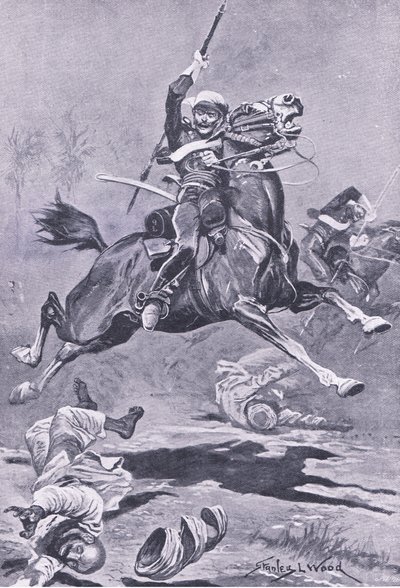 The 9th Lancers at Delhi, 1857, ilustrace z britských bitev na zemi a na moři, 1915 od Stanley L. Wood