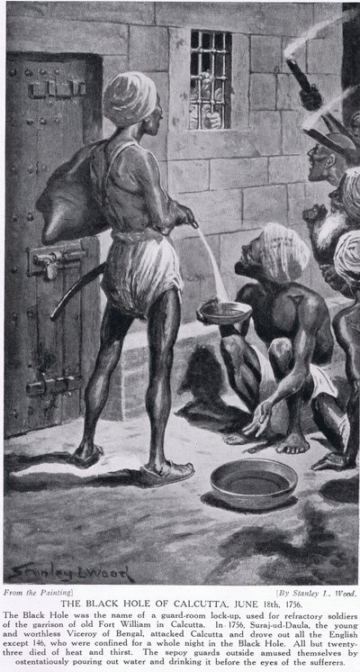 Černá díra, stará pevnost William, 18. června 1756, ilustrace z „Hutchinsonovy historie národů“, kolem roku 1910 od Stanley L. Wood