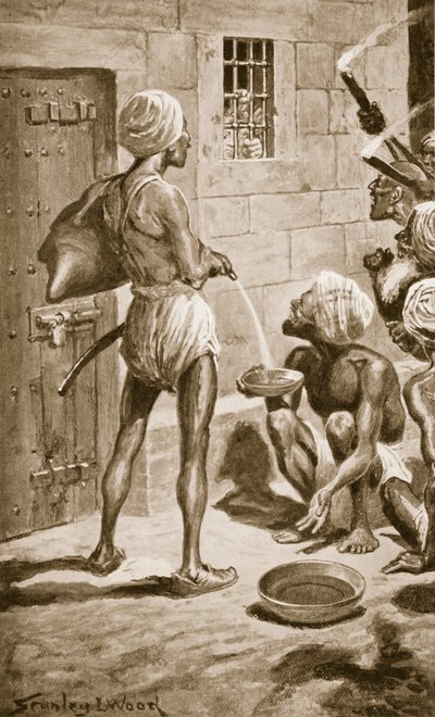 Černá díra, Old Fort William, 18. června 1756, ilustrace z Hutchinsonovy Historie národů, cca 1910. od Stanley L. Wood