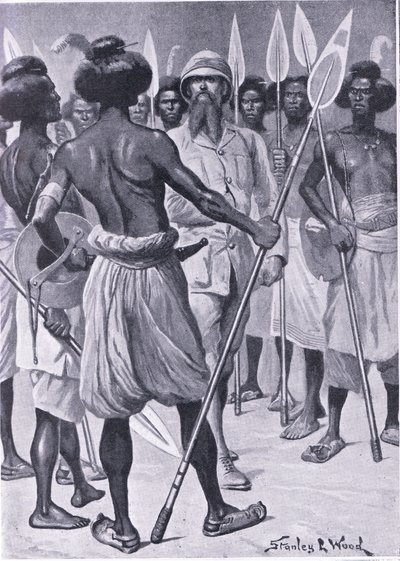 Typ válečníka, kterého Burton potkal v Somalilandu, ilustrace z Cassells Romance of Famous Lives, kolem roku 1940 od Stanley L. Wood
