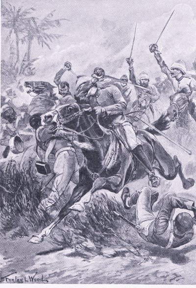 Dobrovolná jízda mimo Lucknow, 30. června 1857, ilustrace z britských bitev na souši a na moři, 1915 od Stanley L. Wood