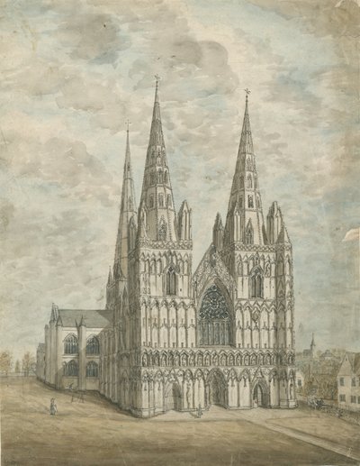 Katedrála Lichfield – západní fronta: malba akvarelem, nd [1762-1802] od Stebbing Shaw