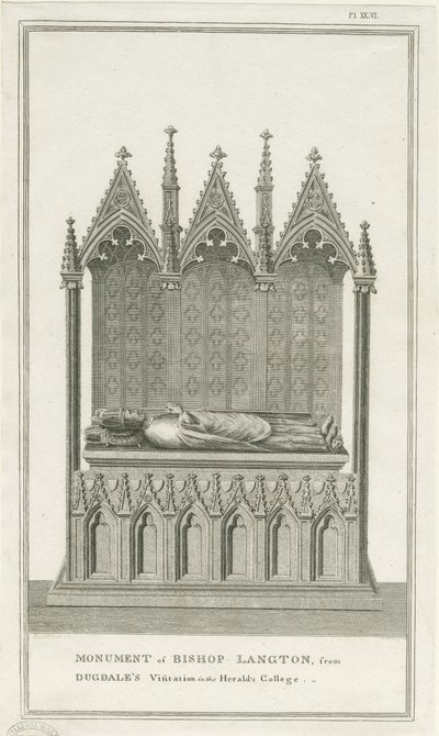 Katedrála Lichfield - Památník biskupa Langtona: rytina, nd [1762-1798] (tisk) od Stebbing Shaw