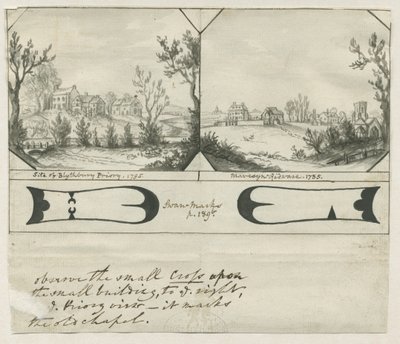 Mavesyn Ridware – Site of Blythbury Priory: kresba tuší, 1795 od Stebbing Shaw