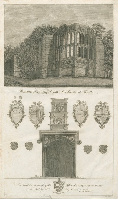 Tixall Hall - Gotické okno a heraldické starožitnosti: rytina, nd [1762-1802] (tisk) od Stebbing Shaw