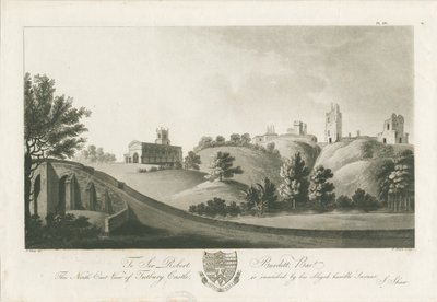 Hrad Tutbury - Severovýchodní pohled: rytina akvatinty, nd [c 1798] (tisk) od Stebbing Shaw