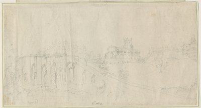 Tutbury Church and Castle - North East View: kresba tužkou, nd [1762-1802] (kresba) od Stebbing Shaw