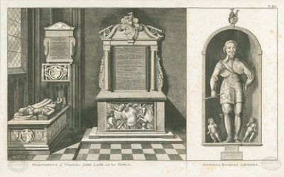 Wolverhampton - Pomníky plukovníka Johna Lanea a admirála Richarda Levesona: rytina, nd [c 1798] (tisk) od Stebbing Shaw