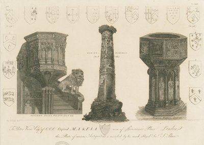Wolverhampton - Kazatelna, sloup a křtitelnice v kostele svatého Petra: rytina, nd [cca 1798] (tisk) od Stebbing Shaw