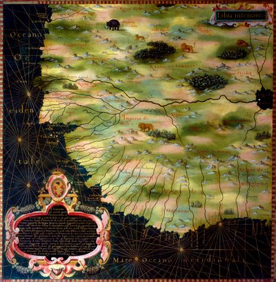 Mapa západoafrických pobřeží (Libye, Guinea, Sierra Leone, Senegal) od Stefana Bonsignoriho (Buonsignori) († 1589) 1581 Malba skříní Místnosti zeměpisných map. Palazzo Vecchio, pokoj Mappamondo Florencie od Stefano Buonsignori