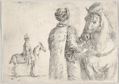 Polský komorník, viděno zezadu, držící uzdu koně vpravo, polský hor..., ca. 1662. od Stefano della Bella