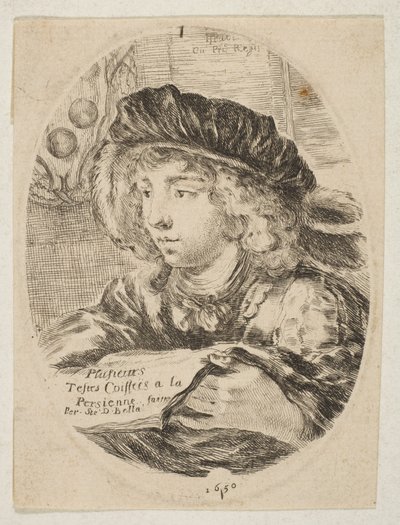 Busta mladého muže v čepici s peřím, otočená o tři čtvrtiny doleva, ..., 1650. od Stefano della Bella