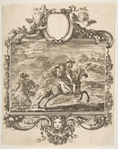 Kavalír a dáma na koni, uvnitř zdobené hranice zdobené ovocem a c..., ca. 1655. od Stefano della Bella