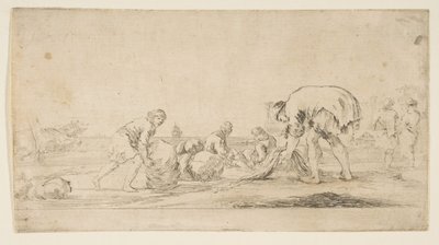 Rybář přinášející své sítě, muž vlevo tlačí balík doprava, dvoumístný..., ca. 1662. od Stefano della Bella