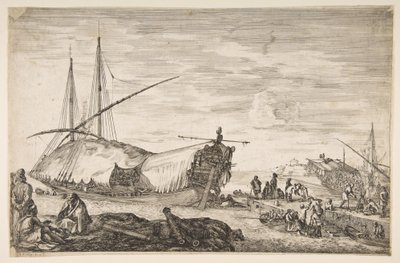 Kuchyňka pokrytá plachtami vlevo, šest děl a čtyři lidé vlevo v popředí, jeden ..., 1655. od Stefano della Bella
