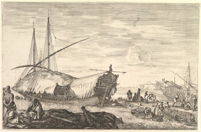Kuchyňka pokrytá plachtami vlevo, šest děl a čtyři lidé vlevo v popředí..., ca. 1652-57. od Stefano della Bella