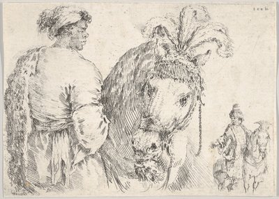 Muž vlevo z profilu dává hrst sena koni uprostřed, jezdec t..., ca. 1662. od Stefano della Bella