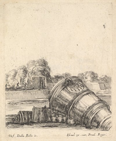 Minomet bez lafety ležící na zemi vpravo, vojáci střílející z děl..., ca. 1638-43. od Stefano della Bella