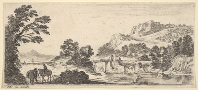 Mezek nesoucí ženu a rolníka kráčejícího s mezka vlevo, rybář vpravo..., ca. 1641. od Stefano della Bella