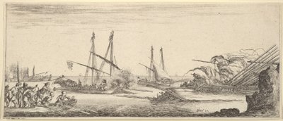 Námořní bitva, veslice plná mužů vlevo, potápějící se loď vpravo, dvě galéry ba..., ca. 1641. od Stefano della Bella