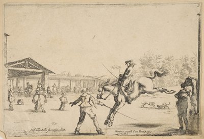 Jezdecká škola, jezdec ve skoku mečem v režii jiného muže s mečem v..., ca. 1645. od Stefano della Bella