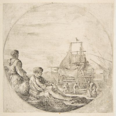 Sedící bílý námořník a stojící černý námořník, lidé staví loď v pozadí..., ca. 1660. od Stefano della Bella