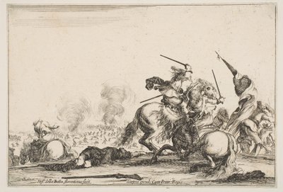 Přestřelka, dva jezdci bojující s meči napravo, muži nesoucí vlajku běžící..., ca. 1645. od Stefano della Bella