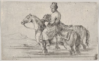 Komorník, který si bere dva koně ke koupání, sedí na jednom koni v řece, na druhém vedle..., ca. 1662. od Stefano della Bella