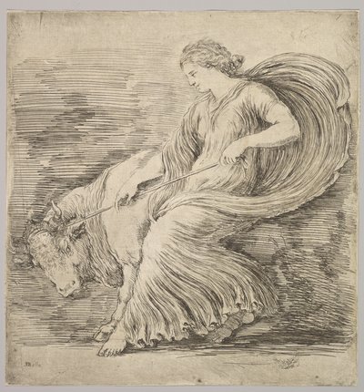 Žena z profilu tahající zpět na laně uvázaném kolem rohů mladého býka, ca. 1660. od Stefano della Bella
