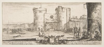 Vchod do pevnosti uprostřed, žena s dítětem sedící u ohně vpravo, sol..., ca. 1641. od Stefano della Bella