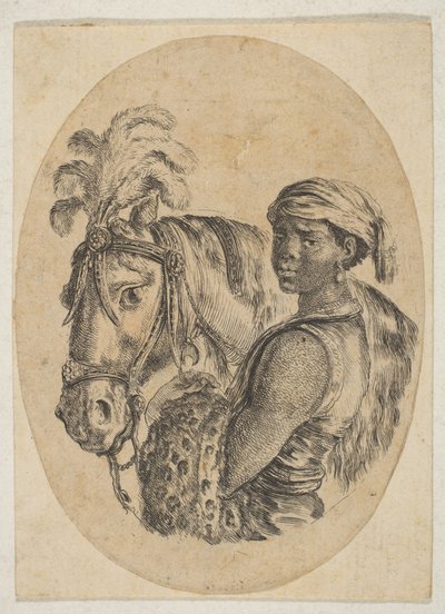 Černý otrok nese leopardí kožešinu a drží uzdu koně z několika hlav..., 1649-50. od Stefano della Bella