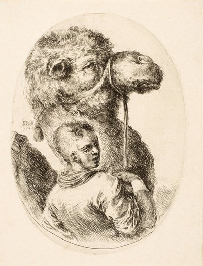 Chlapec držící velblouda za uzdu, hospoda Několik hlav Coiffées à la Persienne. vs. 1650 (rytina) od Stefano della Bella