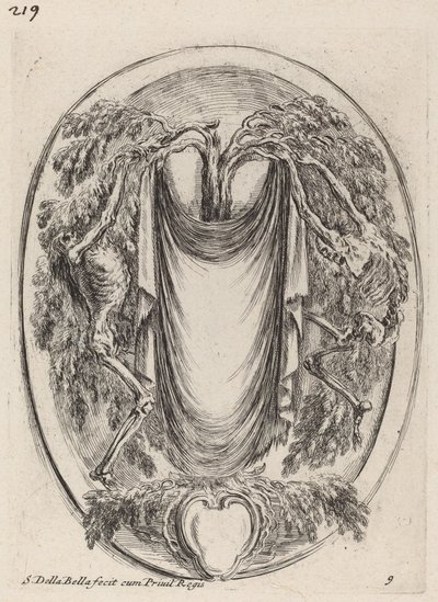 Kartuše ve formě závěsu zavěšeného na cypřiši lemovaném kostlivci, 1647. od Stefano della Bella