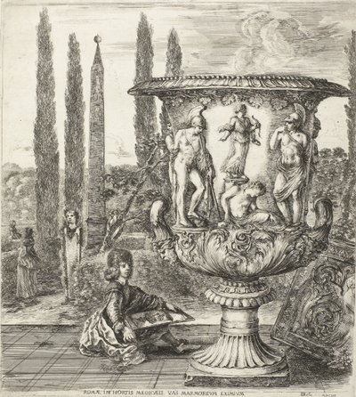 De jonge Cosimo III de Medici tekent de Medici-vaas Řím, v zahradách Medicejských, výjimečný mramor (název na předmětu) Gezichten op Rome en omgeving (název série) Six grandes vues, dont quatre de Rome et deux de la Campagne romaine (název série) od Stefano della Bella