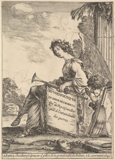 Frontispis pro básně Desmarets Oeuvres poétiques de Desmarets: okřídlená žena rep..., 1641. od Stefano della Bella