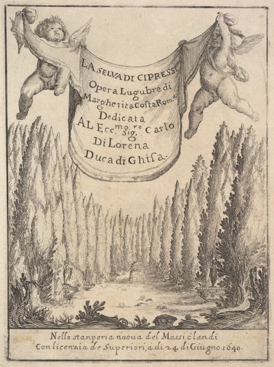 Frontispis pro Cypřišový les La selva di cipressi: dva putti drží gobelín v..., 1640. od Stefano della Bella