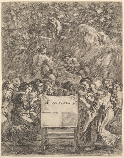Frontispis pro The Works of Scarron uvres de Scarron, básník sedící v křesle..., 1649. od Stefano della Bella