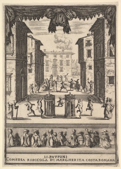 Frontispis pro komedii The Buffoons Li Buffoni, jevištní děj připomínající pu..., 1639-41. od Stefano della Bella